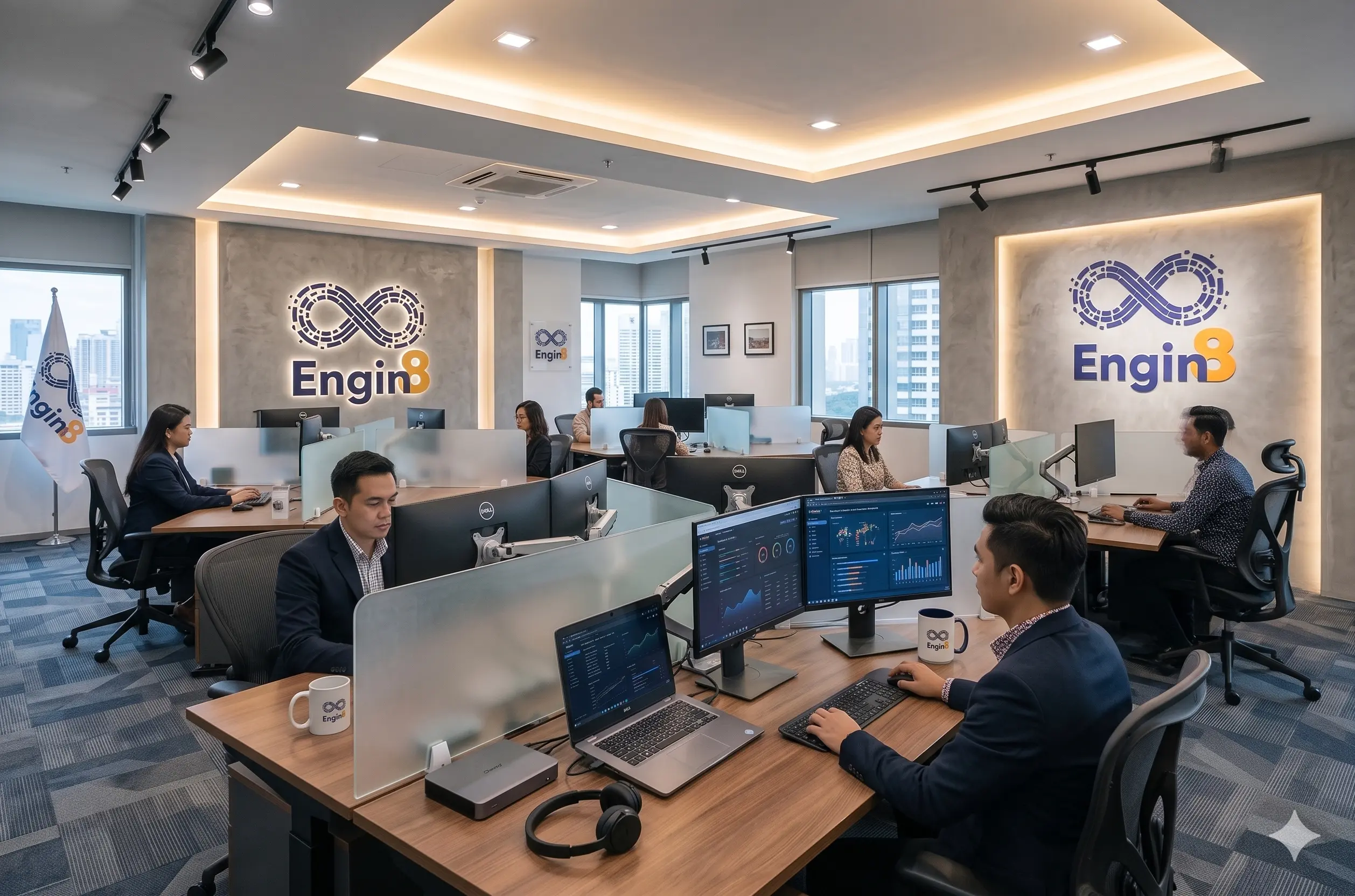 Engin8 Office - Modern office with a collaborative atmosphere. People work at desks with computers, mug with Engin8 logo. Bright lighting and city view