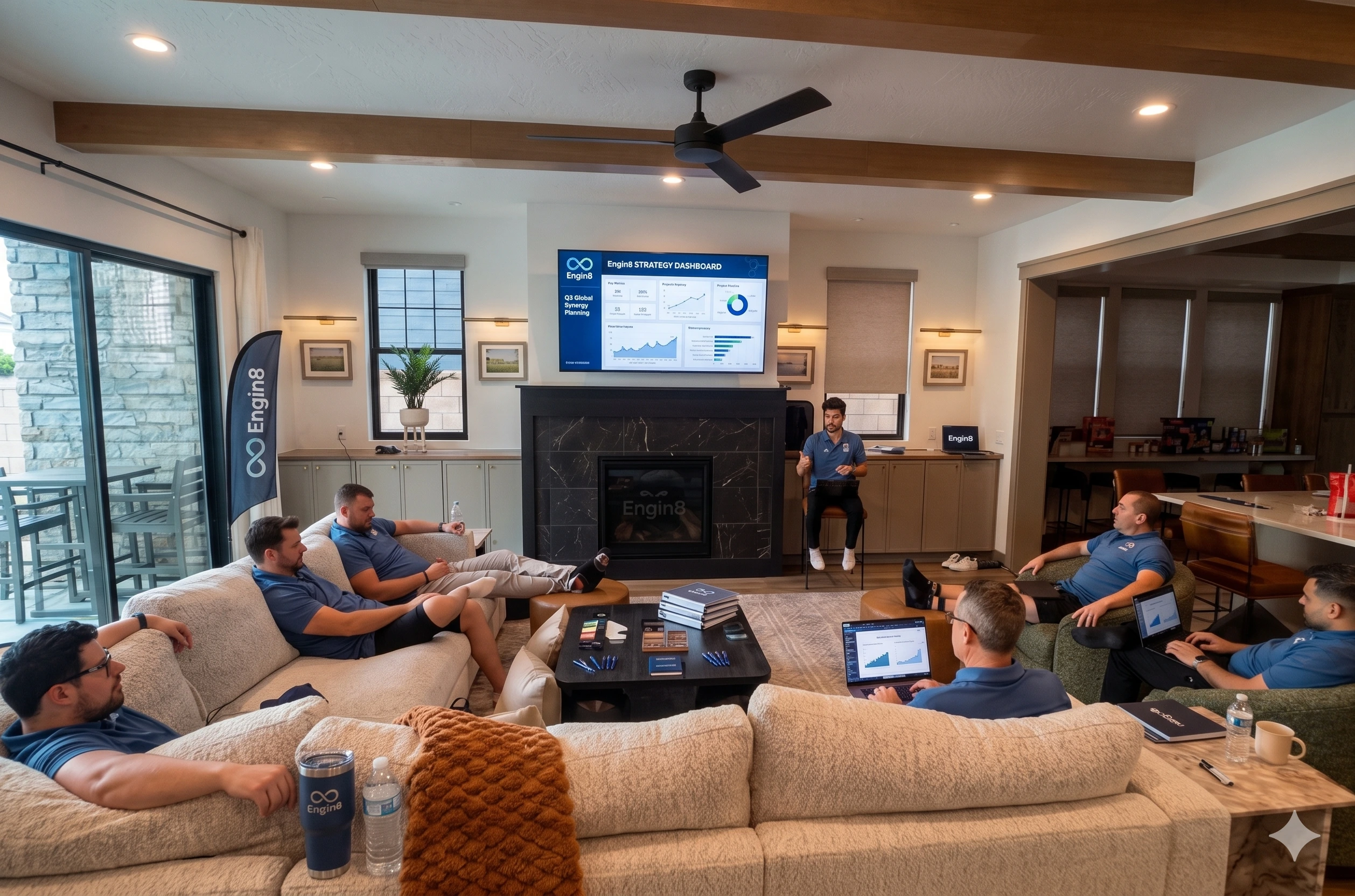 Engin8 Team - A group of six people in blue shirts are in a modern living room, discussing a presentation displayed on a TV. The atmosphere is focused and professional.