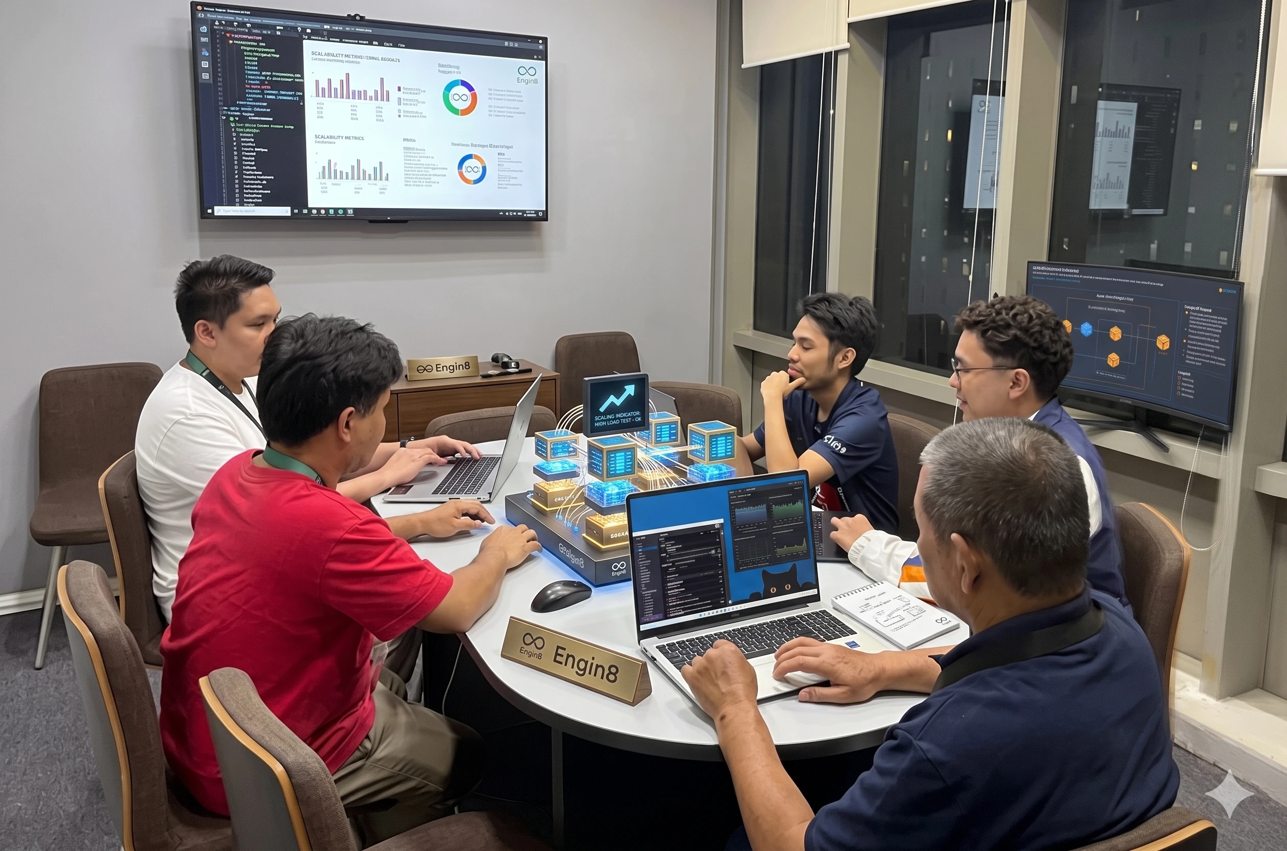 Engin8 Team - Five people sitting at a conference table with laptops, engaged in discussion. Monitors display graphs and data. The atmosphere is collaborative